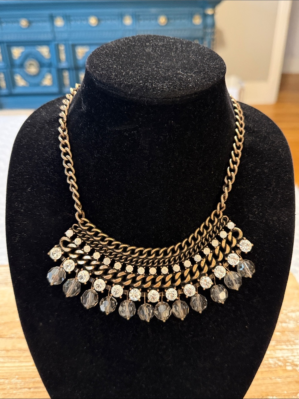 Vintage Gold Tone Rhinestone Beaded Bib Bar Pendant Statement Necklace